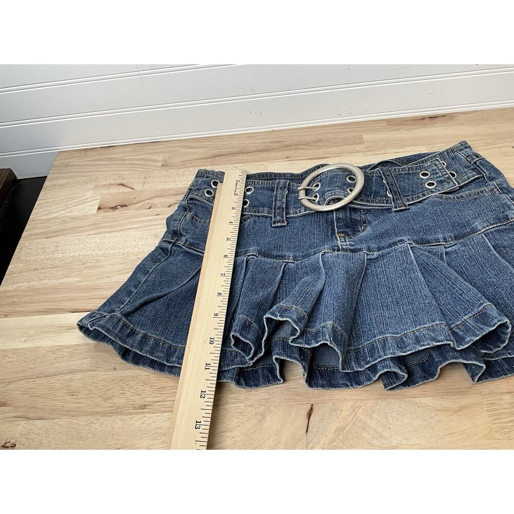 Size 9 Angels Denim Micro Skirt Pleated/Belted HOOP BUCKLE Y2K 2000s Vintage - Picture 9 of 9